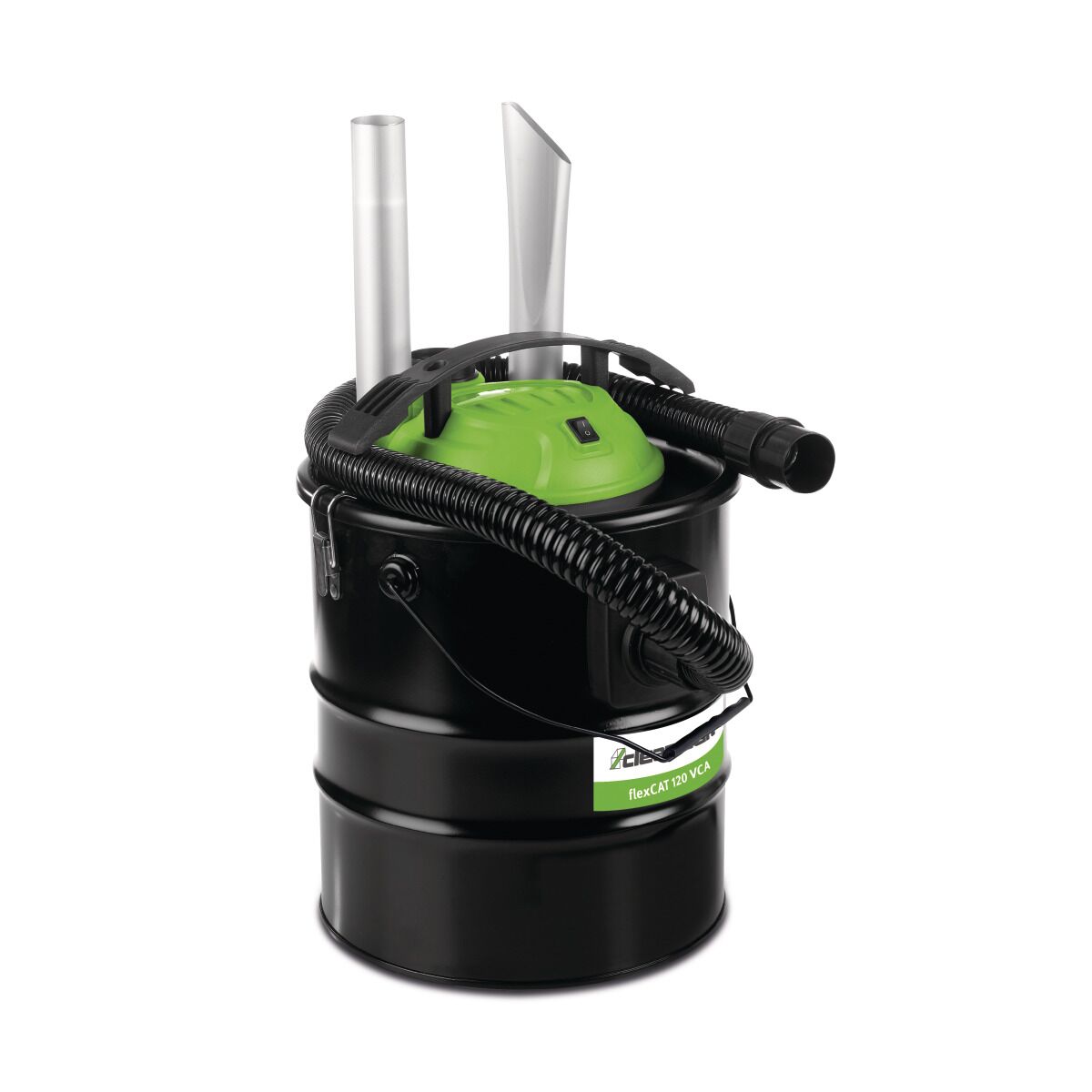 Kompakter Aschesauger mit schwarzem Metallbehälter, grünem Deckel und flexiblem Saugschlauch.