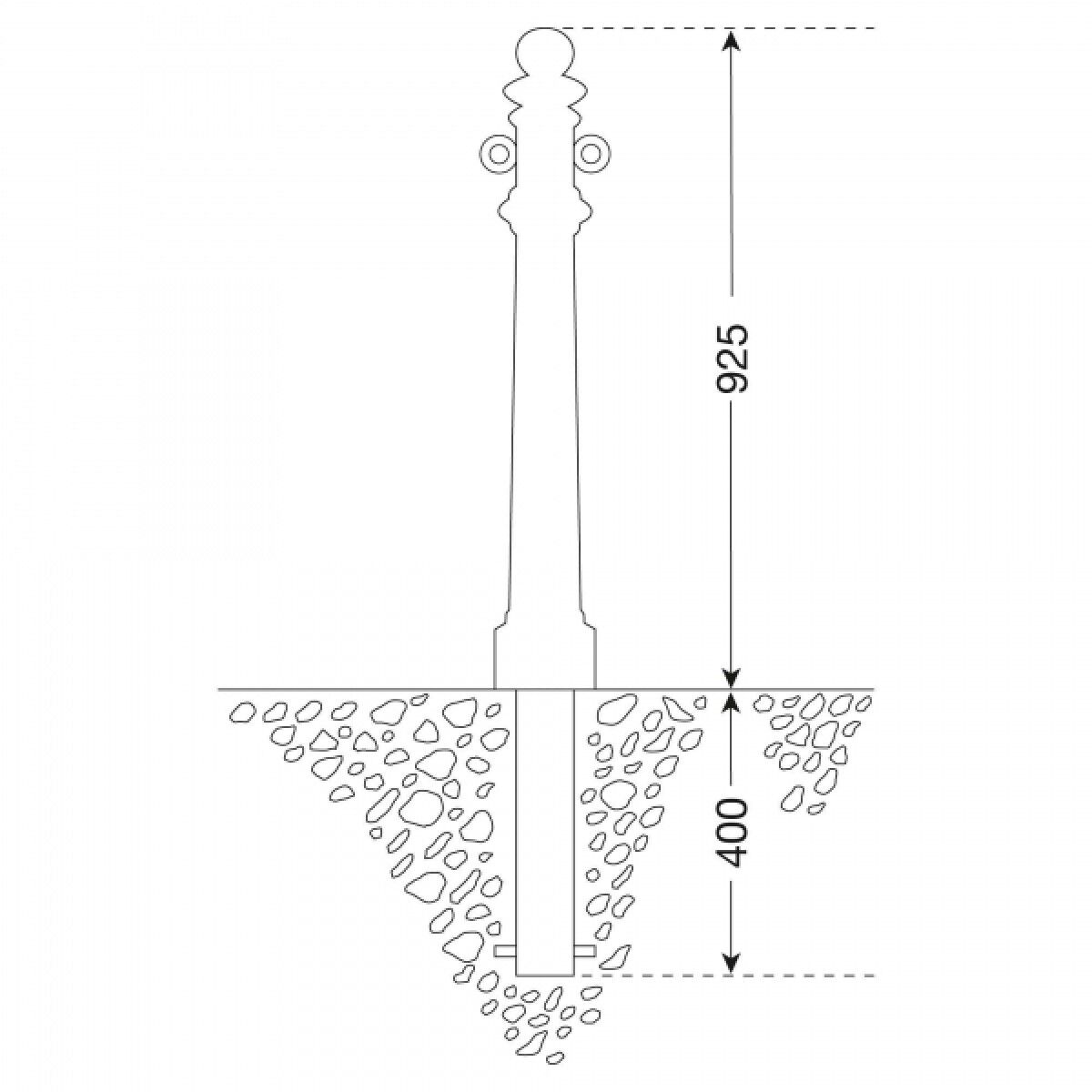 Schnittzeichnung eines Pollers im Erdreich mit zwei Kettenösen; Höhe über Boden 925 mm, Einbautiefe 400 mm.