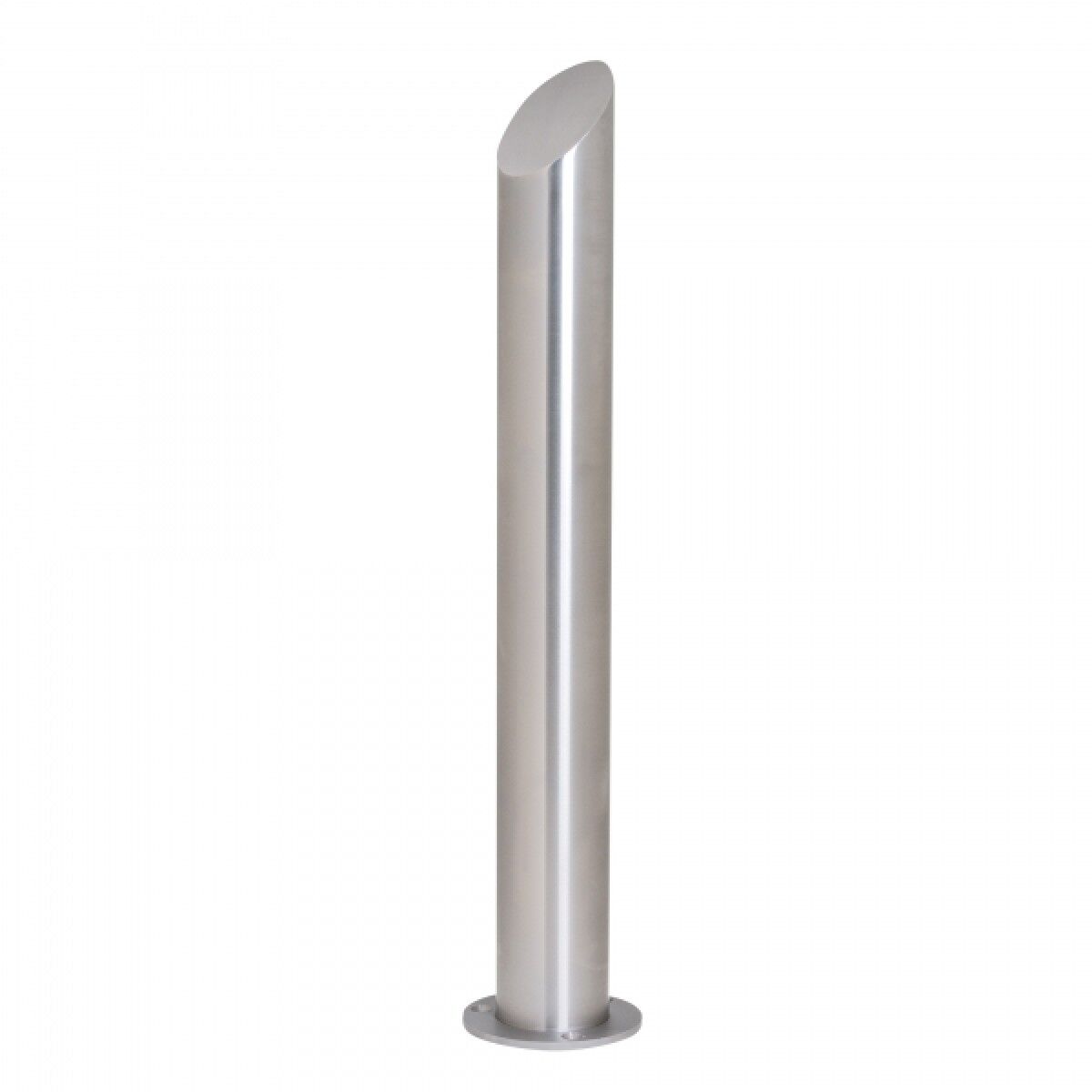 Edelstahl-Poller mit schrägem Kopf auf runder Bodenplatte, freigestellt vor weißem Hintergrund.