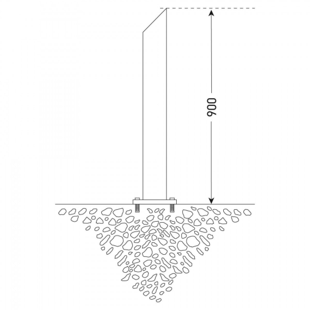 Technische Skizze: Poller mit schrägem Kopf auf Bodenplatte, Höhe 900 mm über Boden; Fundament/Schotterbett angedeutet.