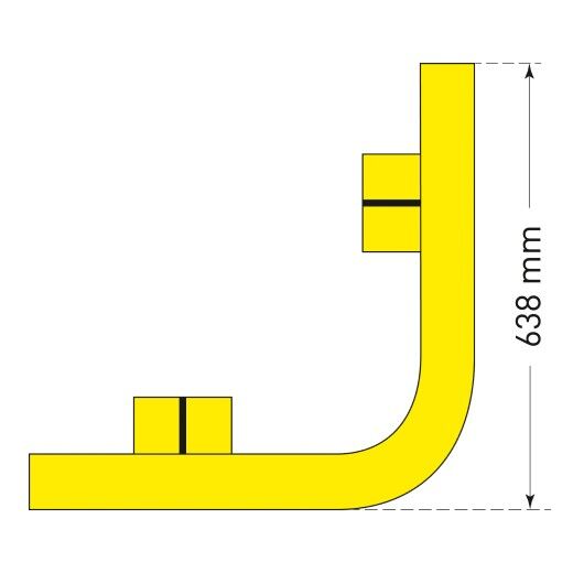 Grafik einer gelben Eckschutzbarriere mit 90°-Winkel und Höhe von 638 mm, dient dem Anfahrschutz in Industrieumgebungen.