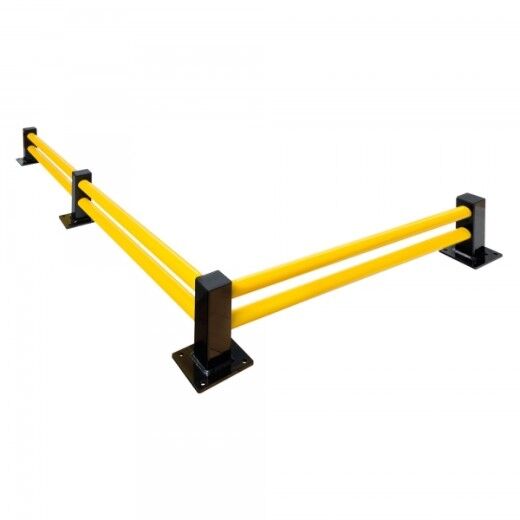 L-förmige gelb-schwarze Bodenbarriere mit zwei Querstreben zum Schutz von Ecken in Lager- und Produktionsbereichen.