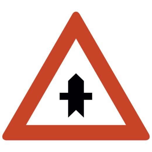 Verkehrsschild mit rotem Dreieck und schwarzem Symbol für Kreuzung mit Straße ohne Vorrang.