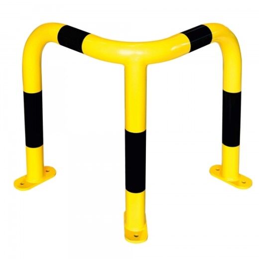 Gelb-schwarze Eck-Schutzbarriere aus Metall zur Bodenmontage, ideal für den Schutz von Maschinen und Gebäudeecken.