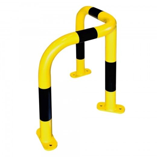 Gelb-schwarze Eck-Schutzbarriere aus Metall zur Bodenmontage, ideal für den Schutz von Maschinen und Gebäudeecken.