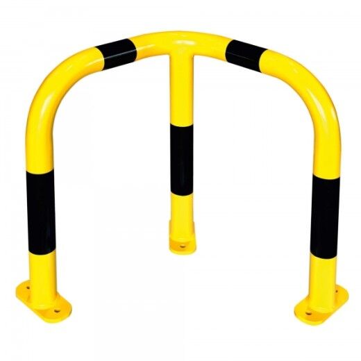 Gelb-schwarze Eck-Schutzbarriere aus Metall zur Bodenmontage, ideal für den Schutz von Maschinen und Gebäudeecken.