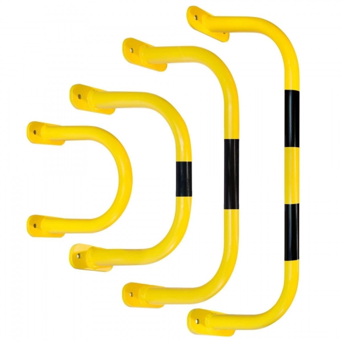 Vier gelbe U-förmige Anfahrschutzbügel in verschiedenen Größen, teils mit schwarzen Markierungsstreifen, freigestellt.