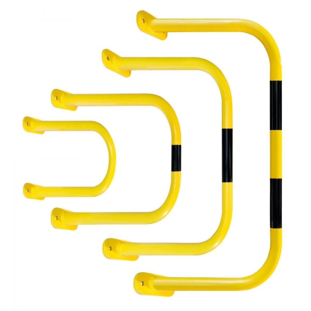Vier gelbe U-förmige Anfahrschutzbügel in verschiedenen Größen, teils mit schwarzen Markierungsstreifen, freigestellt.