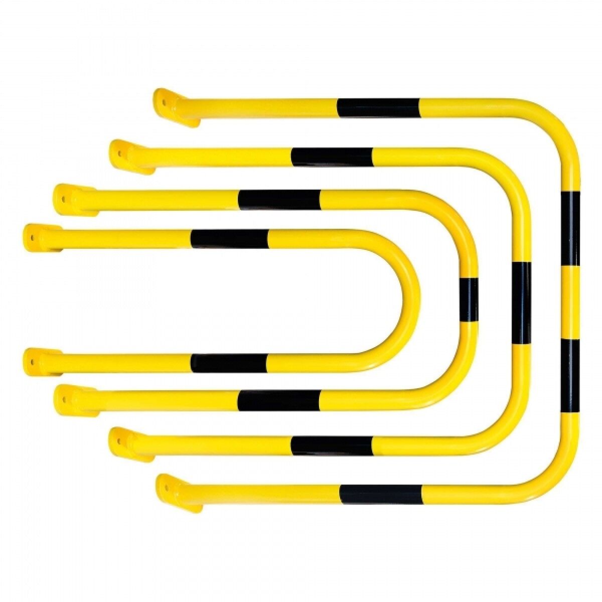 Vier gelbe U-förmige Anfahrschutzbügel in verschiedenen Größen, teils mit schwarzen Markierungsstreifen, freigestellt.