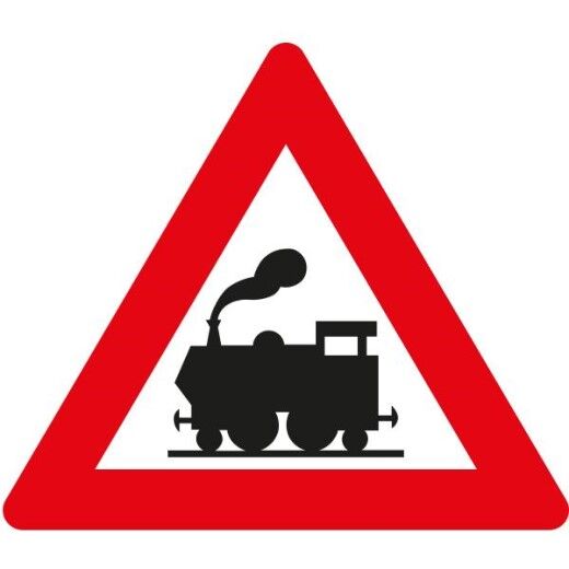 Verkehrsschild mit rotem Dreieck und schwarzer Lok für Bahnübergang ohne Schranken.