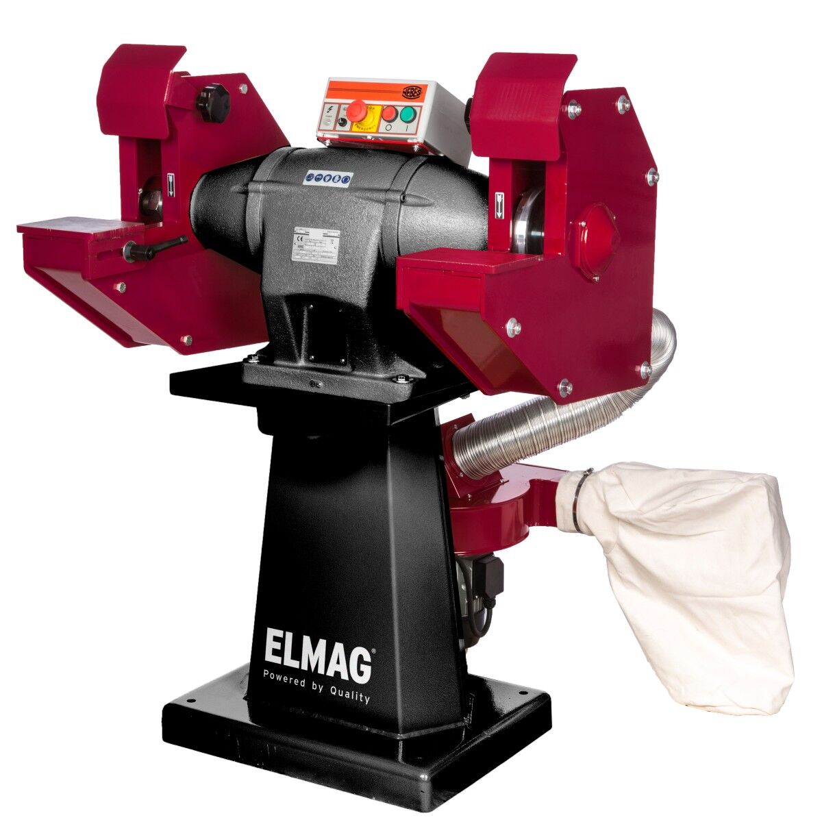 Doppelschleifmaschine mit zwei Schleifstationen, rotem Gehäuse, Staubabsaugung und Bedieneinheit auf schwarzem Sockel.