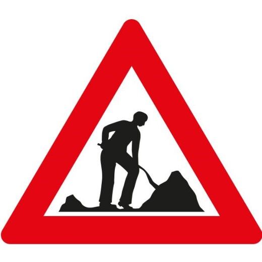 Verkehrsschild mit rotem Dreieck und schwarzem Symbol für Baustelle.