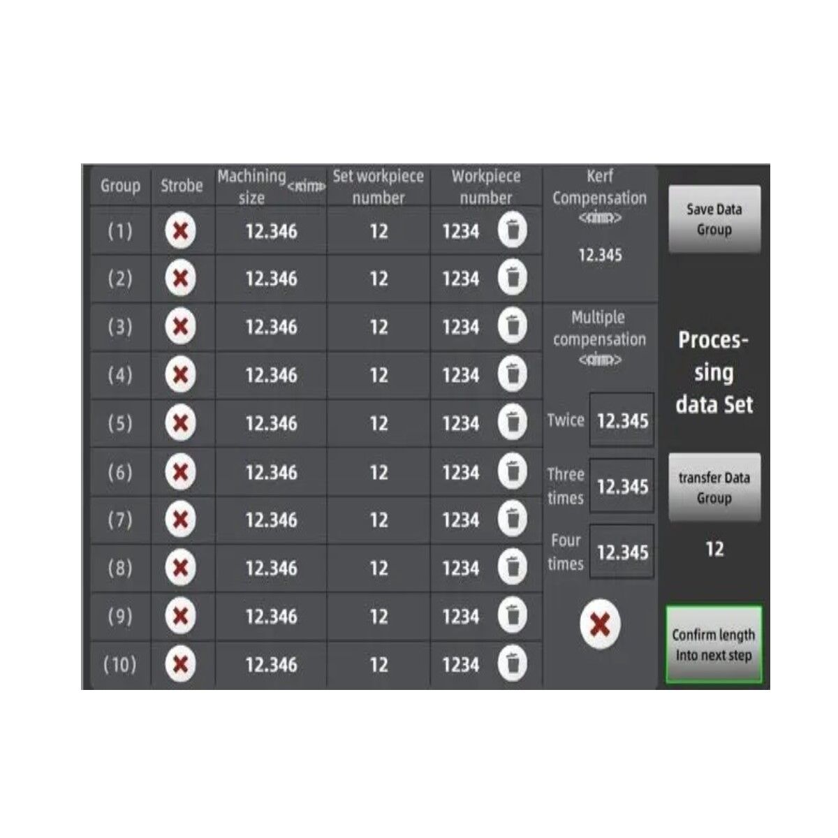 Touchscreen-Menü des ELMAG GIANT LINE 320 NC mit Werkstückgruppen, Schnittmaßen und Kerf-Kompensation.