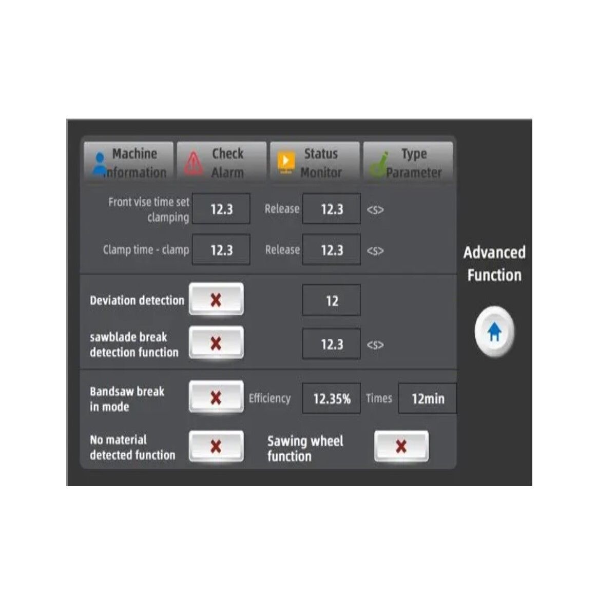 Touchscreen-Menü mit Maschineninformationen, Alarmprüfung, Statusanzeige und erweiterten Funktionen.