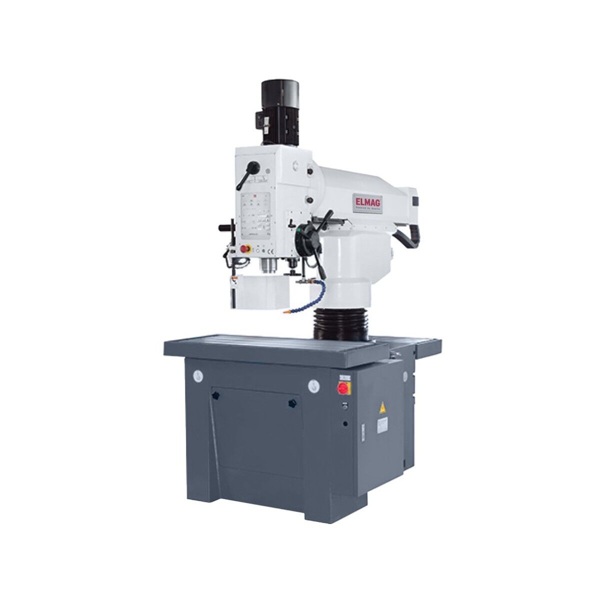 Große weiß-graue Radial-Säulenbohrmaschine mit Bedienelementen, Bohrkopf und stabilem Arbeitstisch.