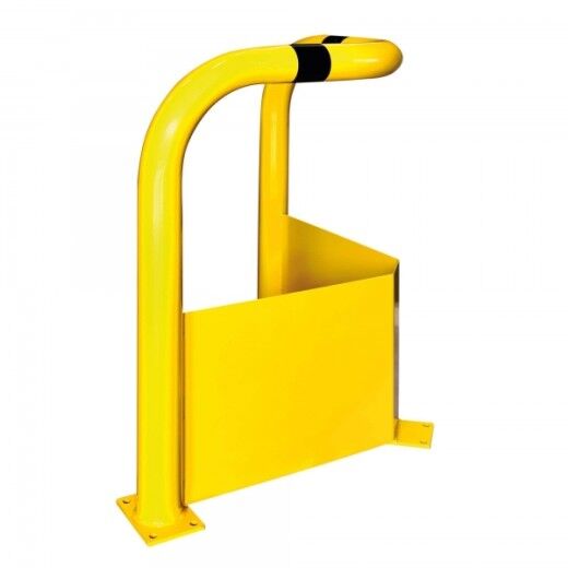 Eck-Rammschutzbügel aus robustem Stahl – gelb pulverbeschichtet mit schwarzen Warnmarkierungen. Ideal für den Schutz sensibler Bereiche in Innenräumen.