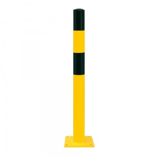 Extrem robuster Rammschutz-Poller aus gelb-schwarz kunststoffbeschichtetem Gütestahl zum Schutz vor Anfahrschäden in Verkehrs- und Arbeitsbereichen.
