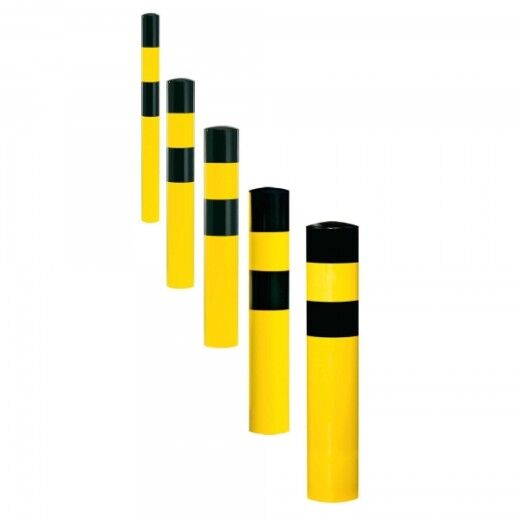 Fünf BLACK BULL Rammschutz-Poller aus Stahl in unterschiedlichen Durchmessern und Kopfformen, gelb-schwarz, nebeneinander auf weißem Hintergrund.