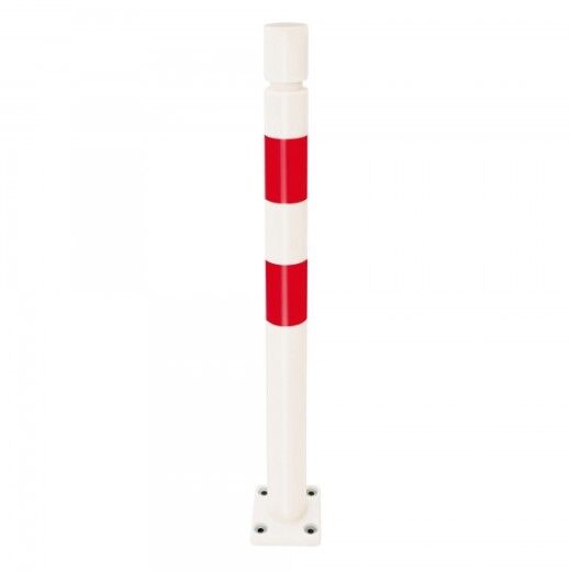 Flexibler Rammschutz-Poller in Weiß mit roten Streifen, aus Kunststoff, zur Vermeidung von Anfahrschäden bei gleichzeitig hoher Sichtbarkeit.