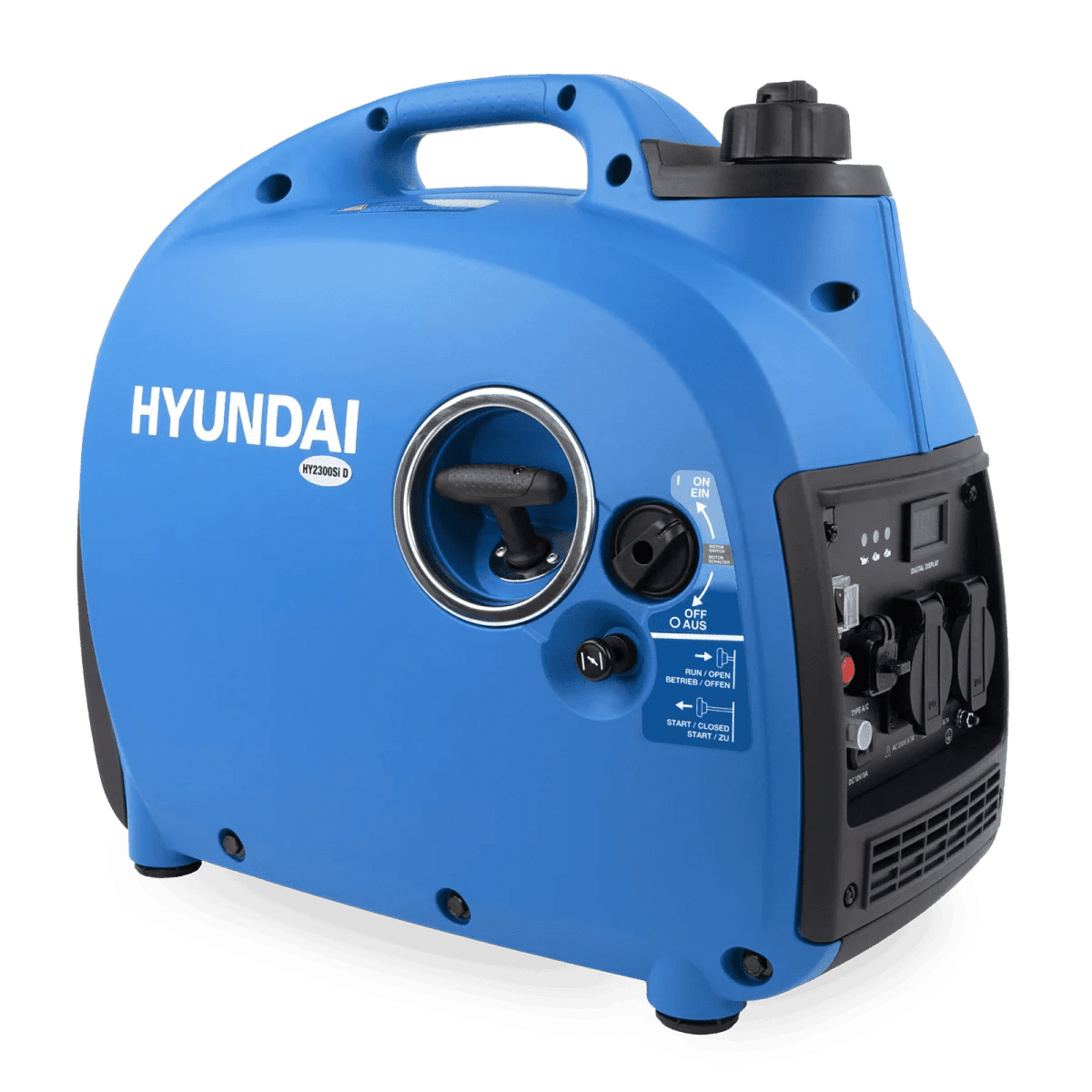 Schrägansicht des blauen Hyundai HY2300Si D mit Tragegriff, Tankdeckel, Seilzugstarter, Motorschalter und Bedienfeld.