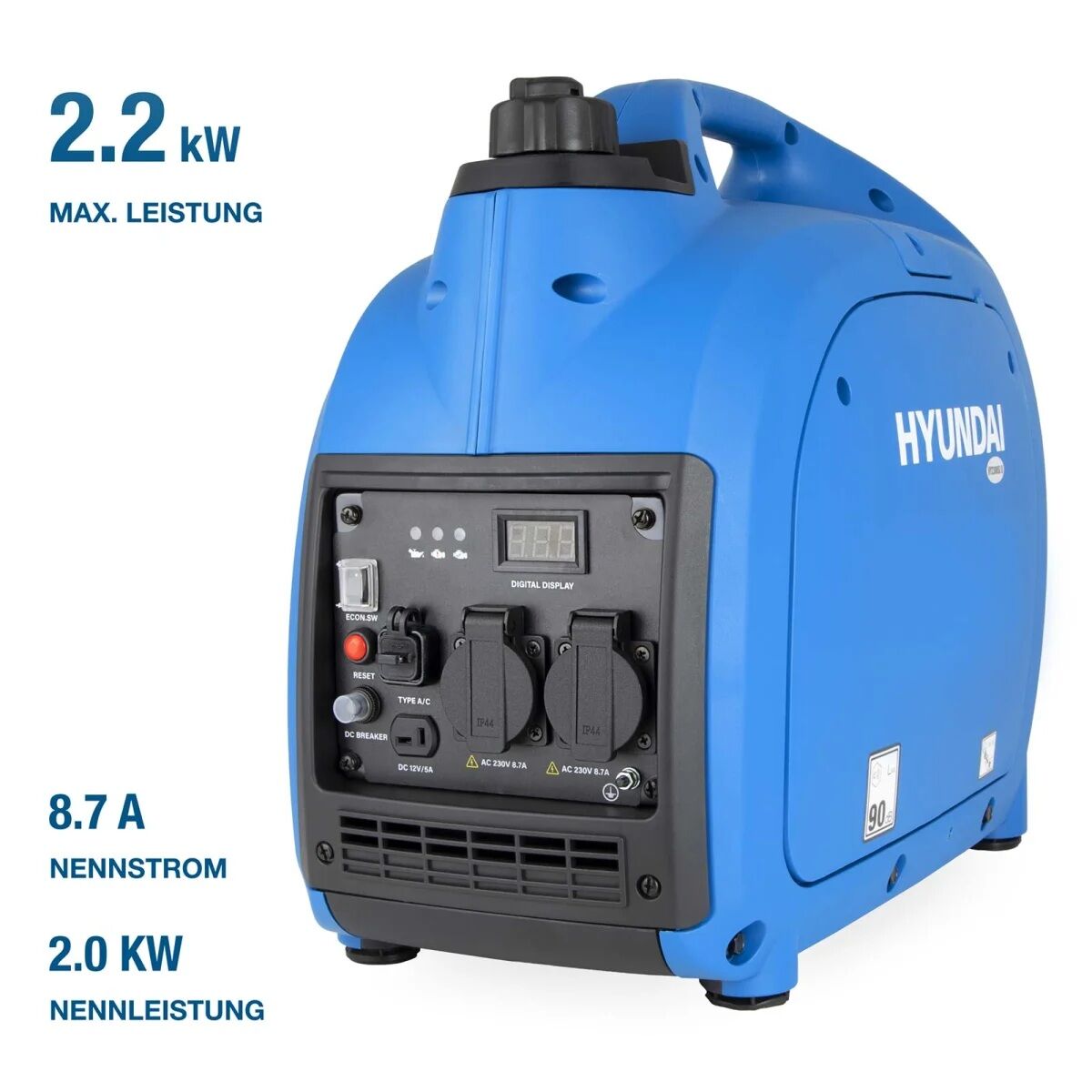 Hyundai Inverter-Generator mit Angaben zu 2,2 kW Maximalleistung, 2,0 kW Nennleistung und 8,7 A Nennstrom.
