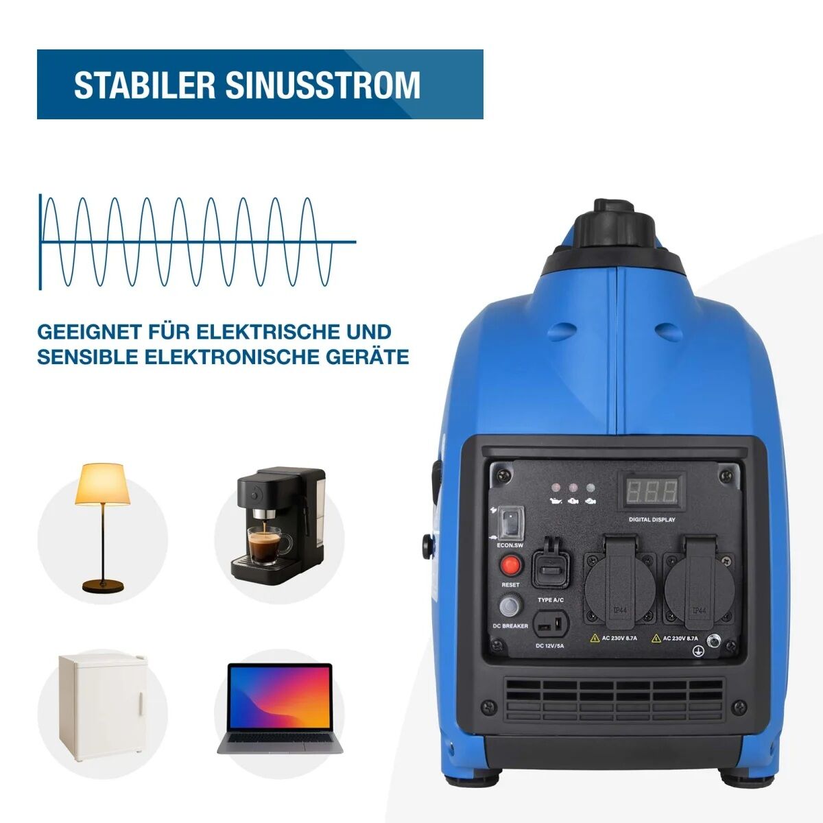 Generator mit Sinuskurve sowie Symbolen für Lampe, Kaffeemaschine, Kühlschrank und Laptop als mögliche Verbraucher.