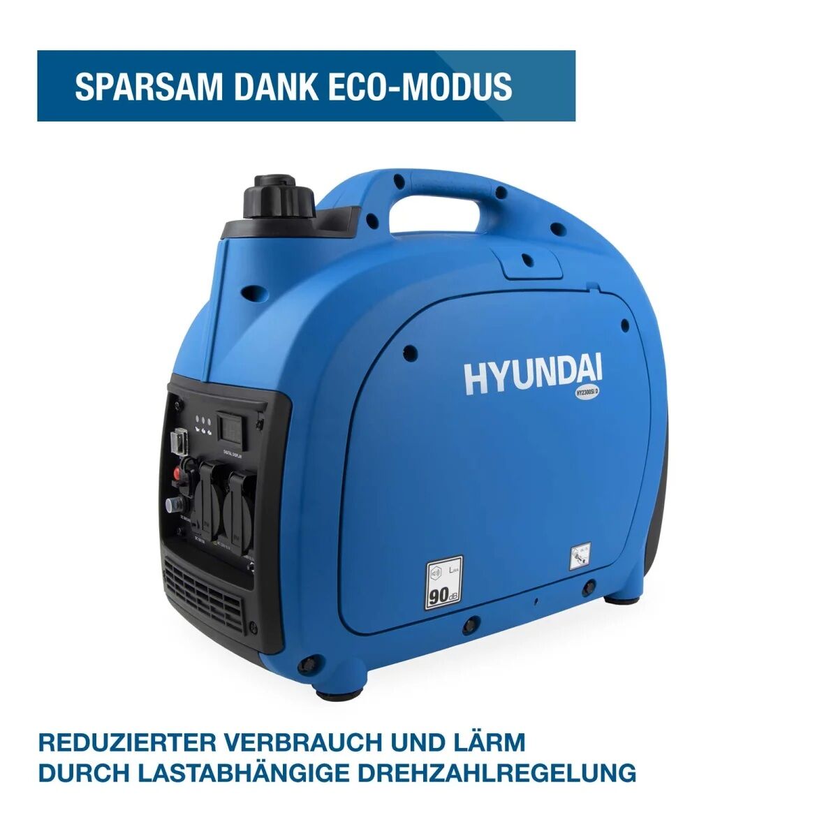 Hyundai Inverter-Generator mit Eco-Modus zur lastabhängigen Drehzahlregelung sowie Hinweis auf reduzierten Verbrauch und Lärm.