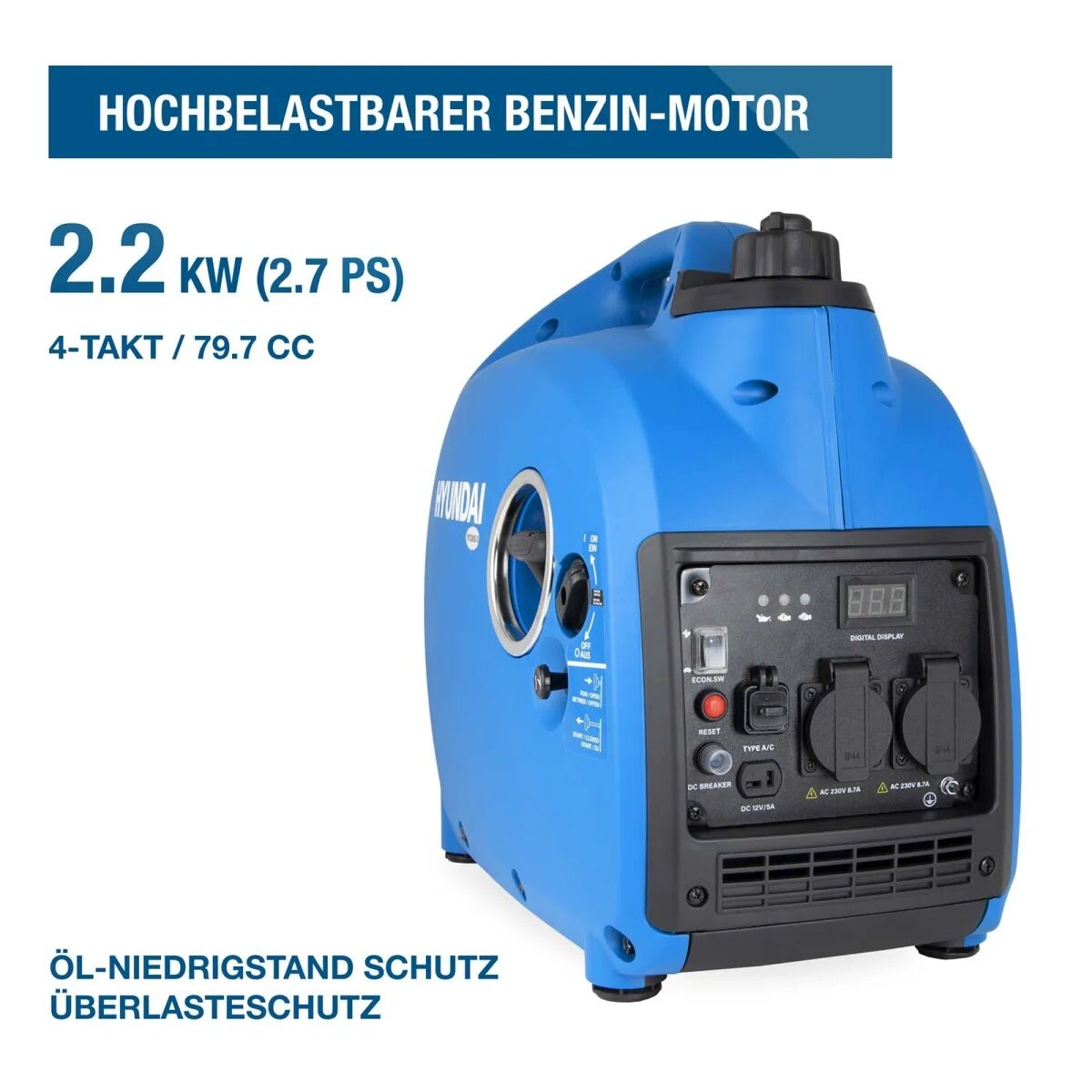 Hyundai Inverter-Generator mit 2,2-kW-Benzinmotor, 79,7 cm³ Hubraum, Öl-Niedrigstandschutz und Überlastschutz.