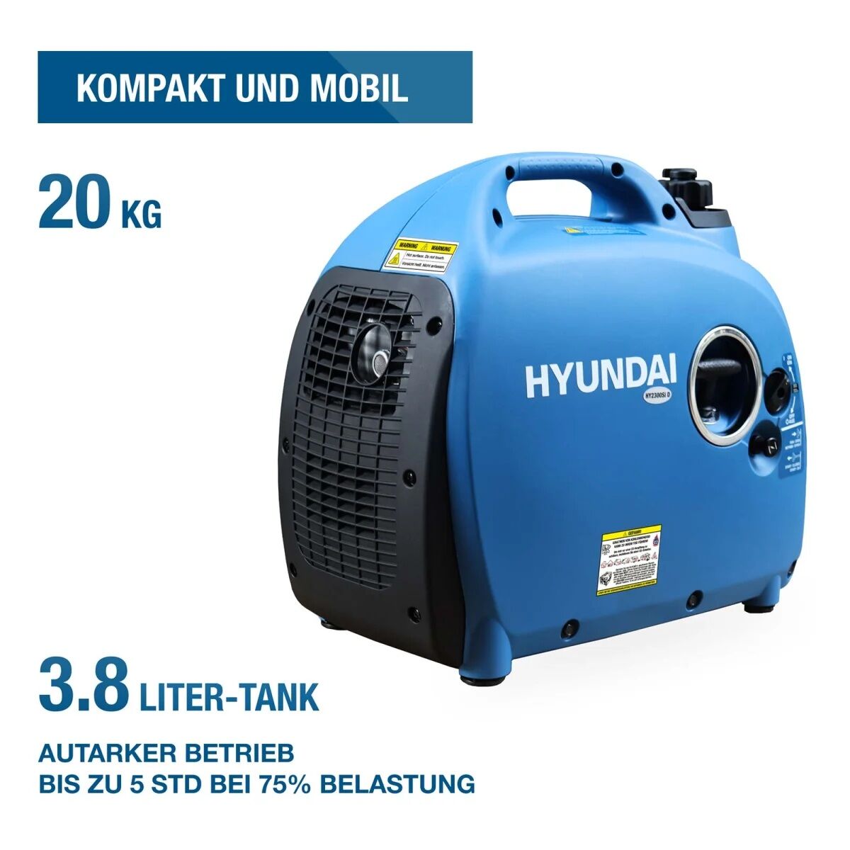Hyundai Inverter-Generator mit Tragegriff; angegeben sind 20 kg Gewicht, 3,8-Liter-Tank und bis zu 5 Stunden Laufzeit bei 75 % Last.