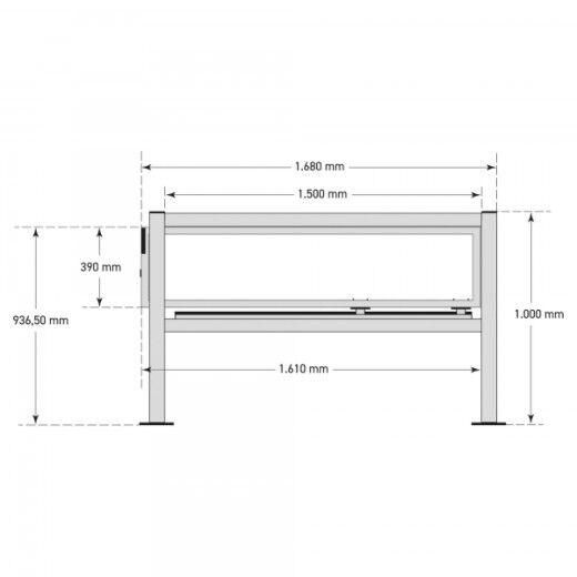 Technische Zeichnung eines Schutzgeländers mit zentralem Schwenktor und detaillierten Maßangaben in Millimetern.