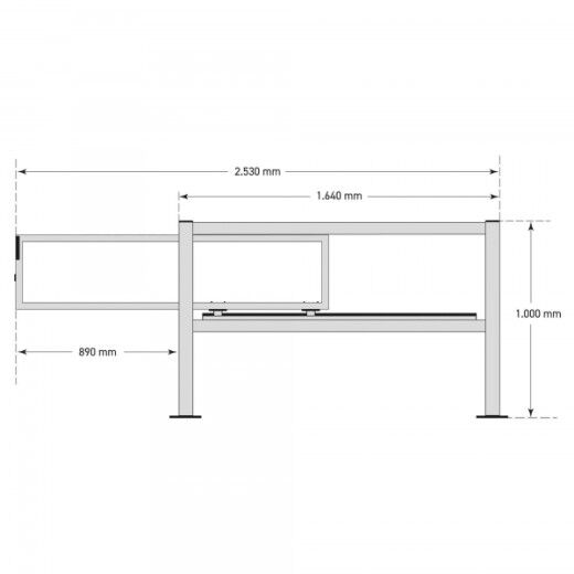 Technische Zeichnung eines Schutzgeländers mit seitlich angeschlagenem Tor und Maßangaben in Millimetern.