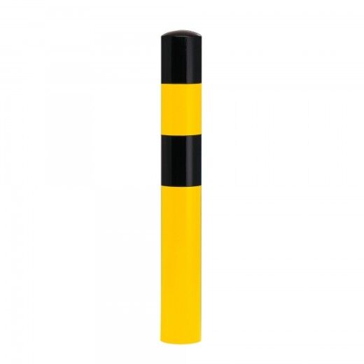 Gelb-schwarzer runder Rammschutzpoller mit zwei schwarzen Streifen und abgerundetem Kopf.