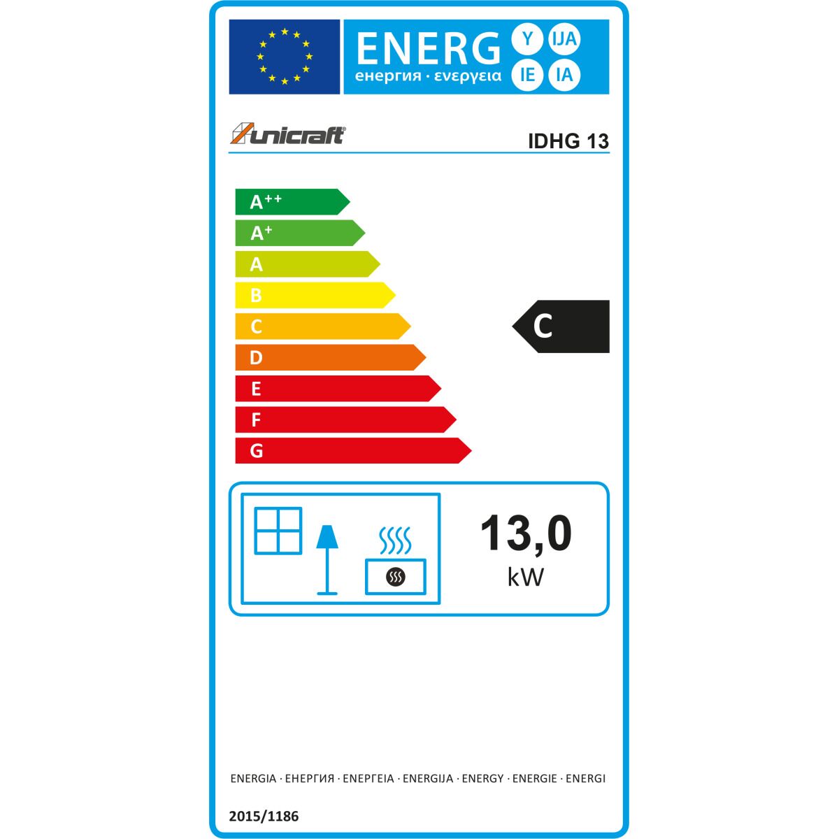 EU-Energielabel mit Energieeffizienzklasse C und angegebener Heizleistung von 13,0 kW.