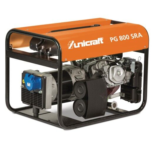 Unicraft PG 800 SRA Stromgenerator schräg von vorn, mit orangefarbenem Schutzrahmen und sichtbarem Motorblock.