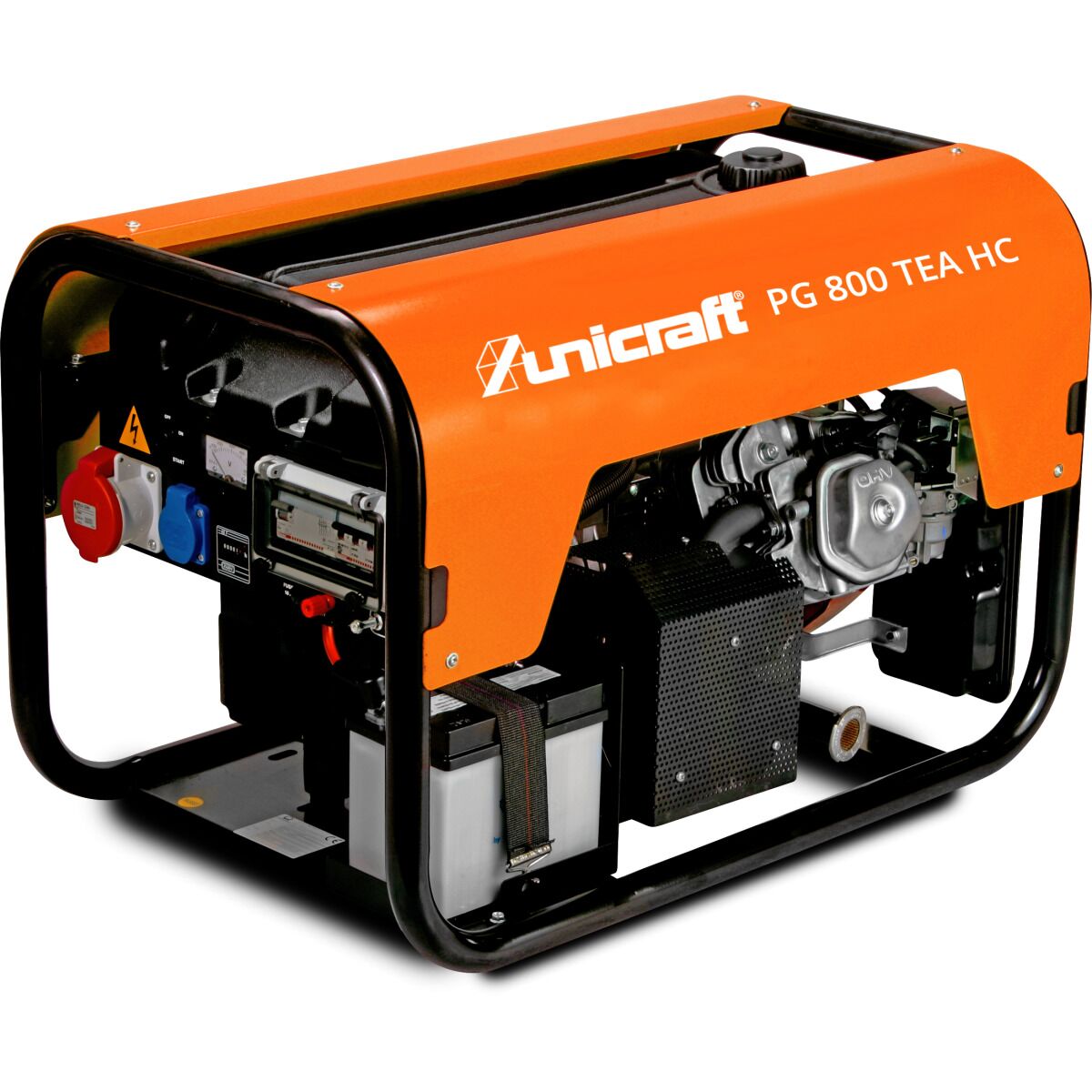 Unicraft PG 800 TEA HC Stromgenerator mit orangefarbener Verkleidung, schwarzem Rahmen und seitlich sichtbarem Motor sowie Steckdosen.