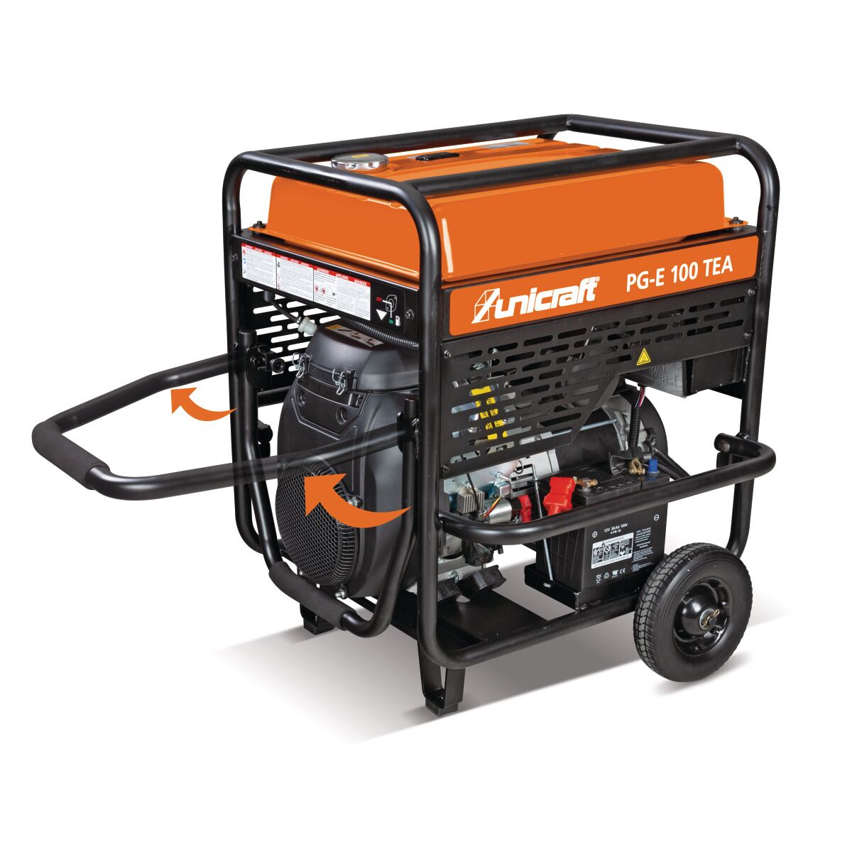 Unicraft PG-E 100 TEA Generator mit ausgeklappter Transportstange und seitlicher Ansicht.