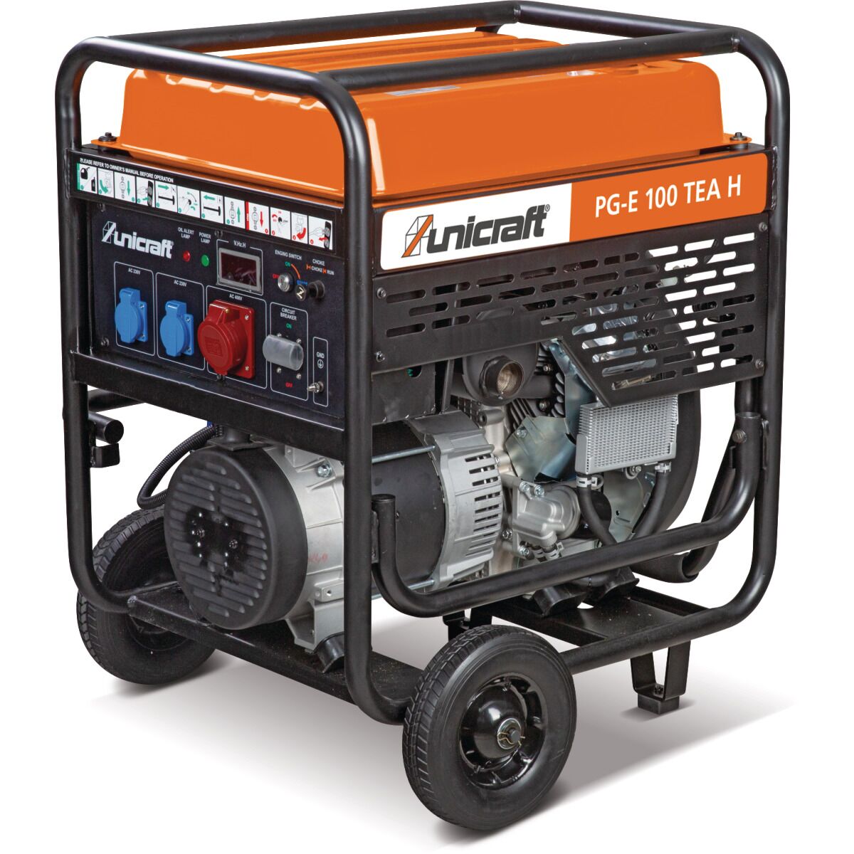 Unicraft PG-E 100 TEA Generator mit ausgeklappter Transportstange und seitlicher Ansicht.