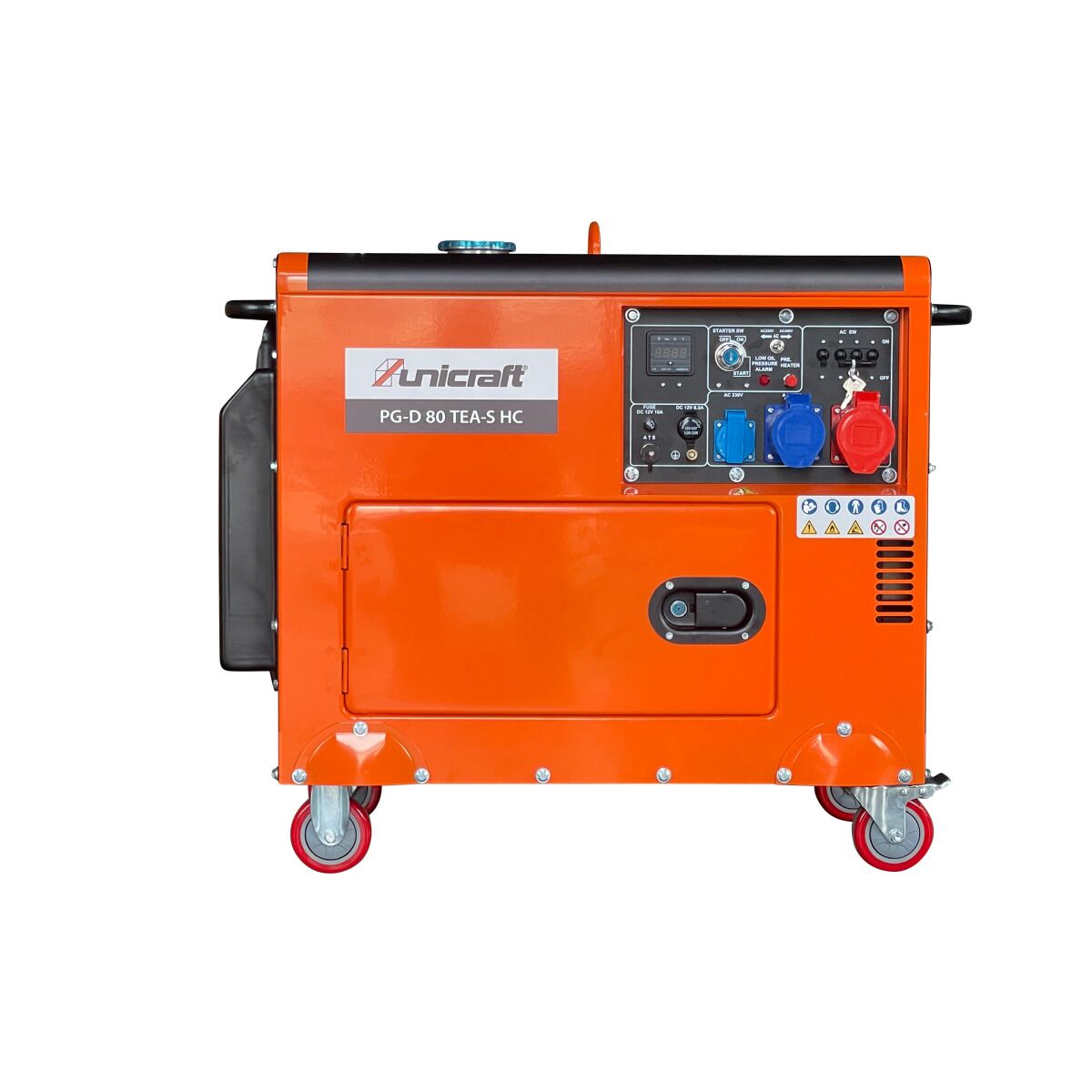 Seitenansicht eines Unicraft-Generators mit orangefarbenem Gehäuse, Bedienfeld mit mehreren Steckdosen und Anzeigeinstrumenten.