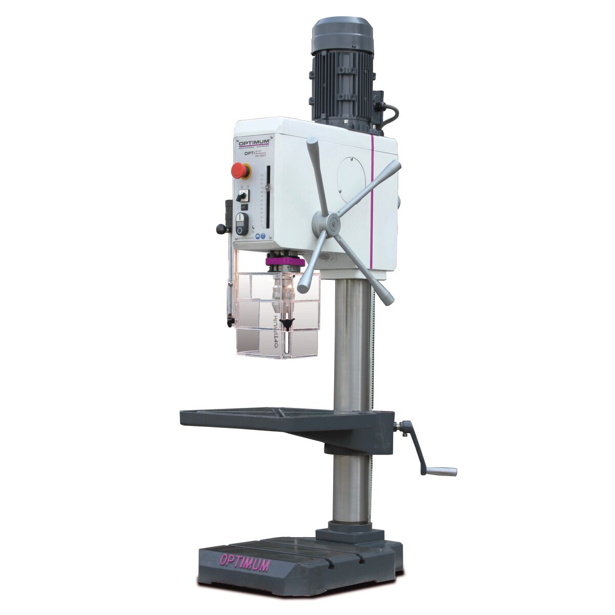 Freistehende Ständerbohrmaschine mit Motor, Handrad, Bohrfutter und Maschinenfuß.