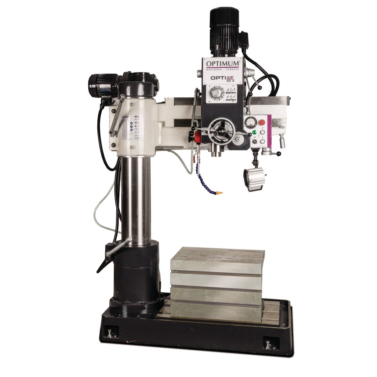 Radialbohrmaschine mit großem Sockel, Bohrtisch und beweglichem Auslegerarm.