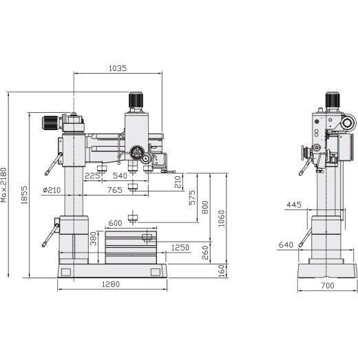 Technische Zeichnung einer Radialbohrmaschine mit Maßangaben in Vorder- und Seitenansicht.