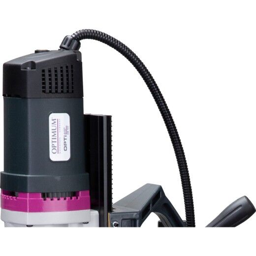 Oberteil der Magnetbohrmaschine mit Motor und flexiblem Kabelschutz.