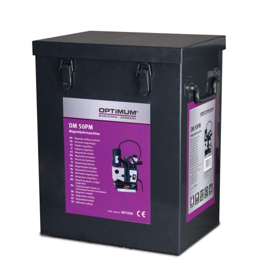 Schwarzer Transportkoffer mit Produktabbildung und Aufschrift „OPTIMUM DM 50PM“.
