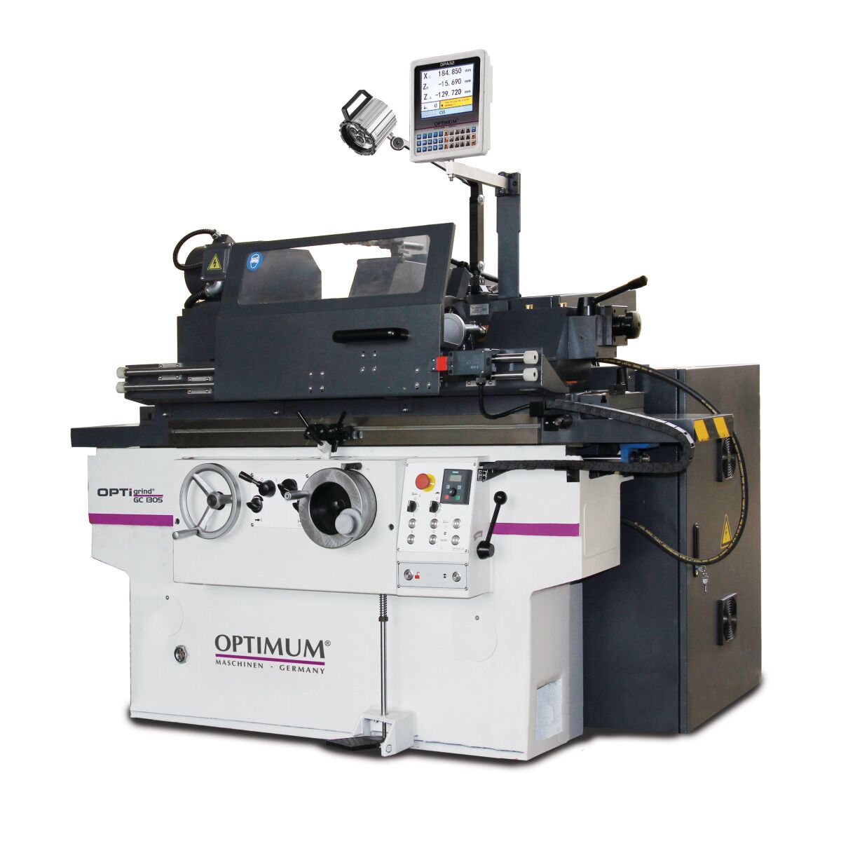 Gesamtansicht einer Rundschleifmaschine Optimum OPTIgrind GC 805 mit Digitalanzeige.