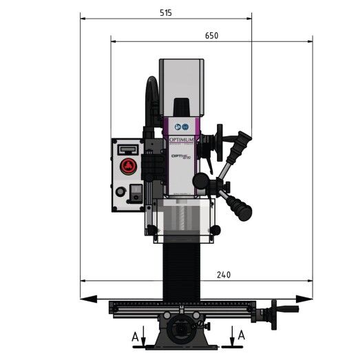 Technische Zeichnung einer Fräsmaschine von vorne mit Maßangaben und Spindelposition.