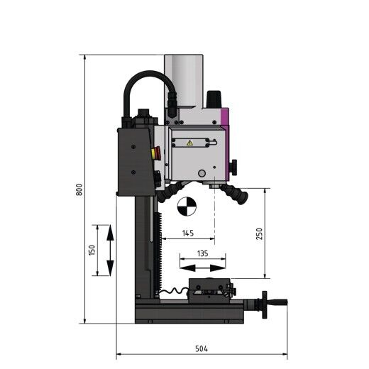 Seitenansicht einer Fräsmaschine als technische Zeichnung mit Maßangaben und Spindelposition.