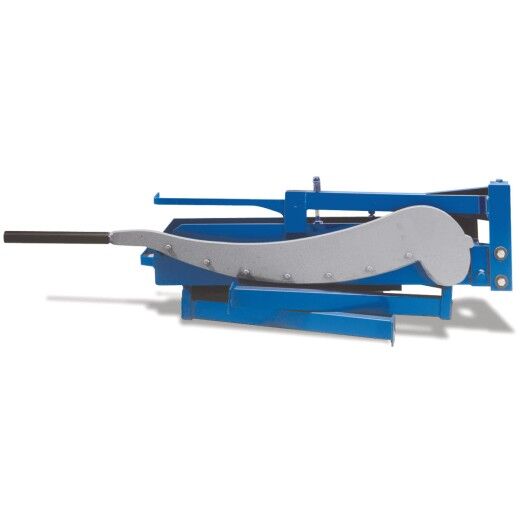 Seitliche Ansicht einer blauen manuellen Blechschere mit langem Hebelarm.