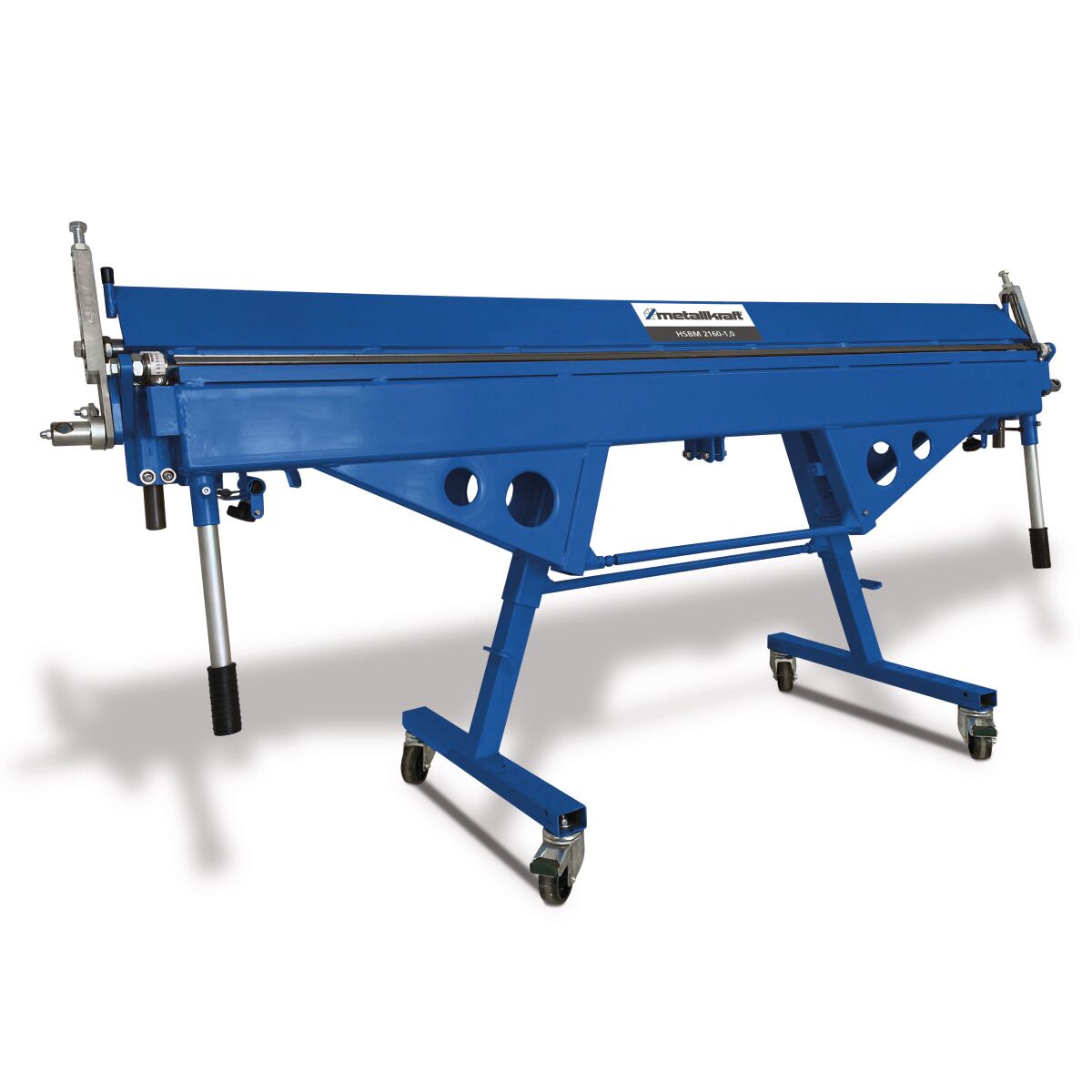 Abkantmaschine auf Rollen mit seitlichen Handgriffen und stabilem Gestell.