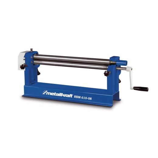 Manuelle Blechbiegemaschine mit blauer Basis, drei Walzen und weißem Handkurbelgriff.