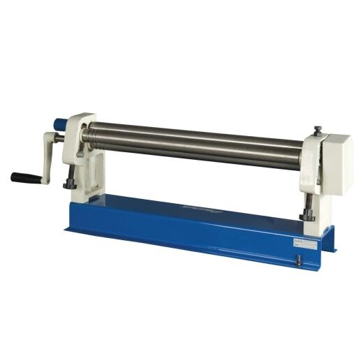 Seitliche Ansicht der Blechbiegemaschine mit sichtbarer Handkurbel und Einstellschrauben.